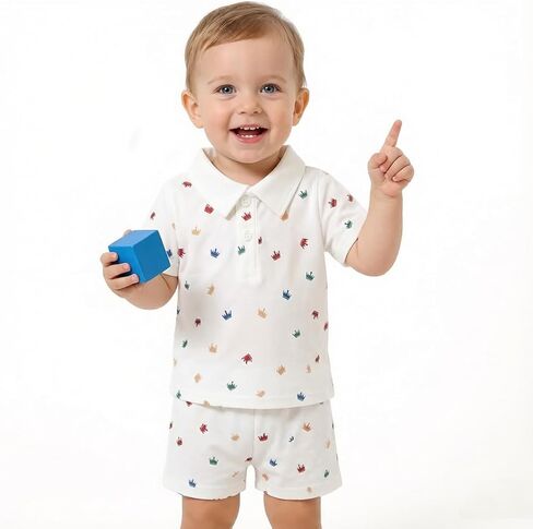 Baby Boys shorts set: White Crown Print Polo Shirt & Shorts Summer Outfit in Kuwait