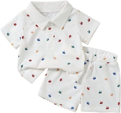 Baby Boys shorts set: White Crown Print Polo Shirt & Shorts Summer Outfit in Kuwait