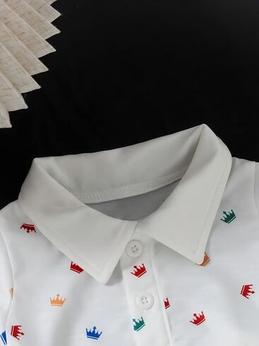 Baby Boys shorts set: White Crown Print Polo Shirt & Shorts Summer Outfit in Kuwait