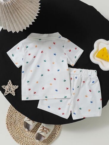 Baby Boys shorts set: White Crown Print Polo Shirt & Shorts Summer Outfit in Kuwait