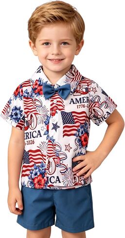 IZYJOY Toddler Boy 4th of July Outfit 250 Anniversary USA Button Up Shirt Shorts Patriotic Set Kid America Flag Eagle Clothes in Kuwait