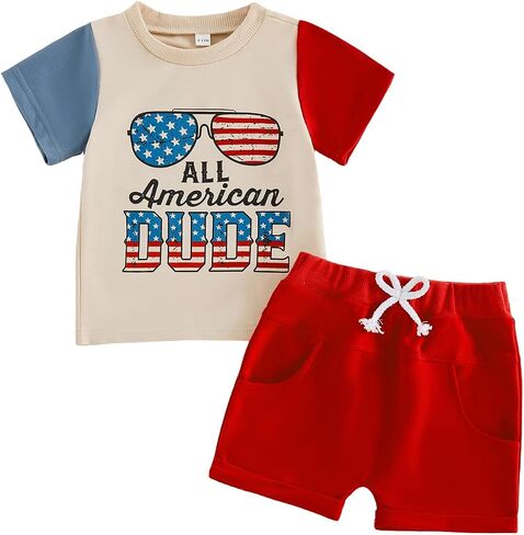 Toddler Baby Boy 4th of July Outfit All American Dude Sunglasses Short Sleeve T-Shirt Top Shorts Set Summer Clothes in Kuwait