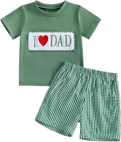 Toddler Baby Boy Fathers Day Outfit I Love Dad Embroidery Smocked Short Sleeve T-Shirt Top and Plaid Shorts Set in Kuwait