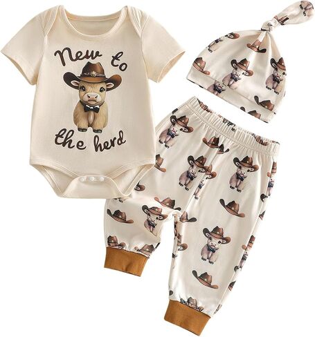 Western Baby Boy Summer Clothes Short Sleeve Highland Cow Print Romper Pants Hat Set Cowboy Newborn Coming Home Outfit in Kuwait