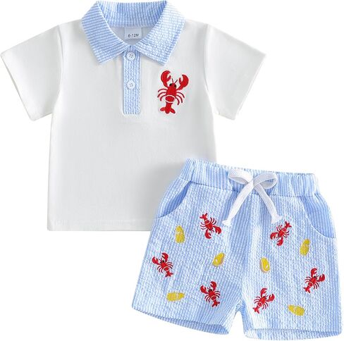 Toddler Baby Boy Summer Outfit Infant Lobster Embroidery T-Shirt Short Sleeve Tops Shorts Casual Boys 2pcs Outfits in Kuwait