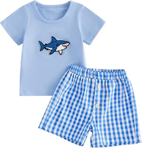 Toddler Baby Boy Summer Outfit 2Pcs Sailboat/Ocean Animals T-Shirt Tops and Plaid Shorts Set Beach Holiday Clothes in Kuwait