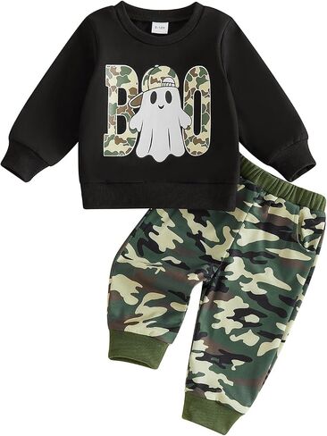 Toddler Boy Girl Halloween Outfit Boo Sweatshirt Pant Fall Clothes | Boys Long Sleeve Ghost/Camo Print Crewneck Sweatshirts Jogger Pants 2pcs Sets Cute Baby Autumn Winter Outfits in Kuwait