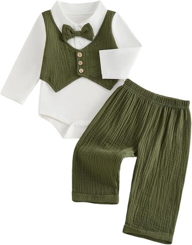 Newborn Baby Boy Dress Clothes Fake Two-Piece Long Sleeve Romper Pant Set | Bowtie outfit, gentleman suit, button down collar, soft linen material in Kuwait