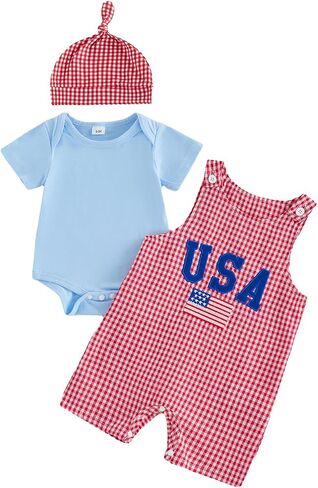 4th of July Newborn Baby Boy Outfit USA Falg Short Sleeve Romper Plaid Overalls Suspender Shorts Set Summer Clothes in Saudi Arabia