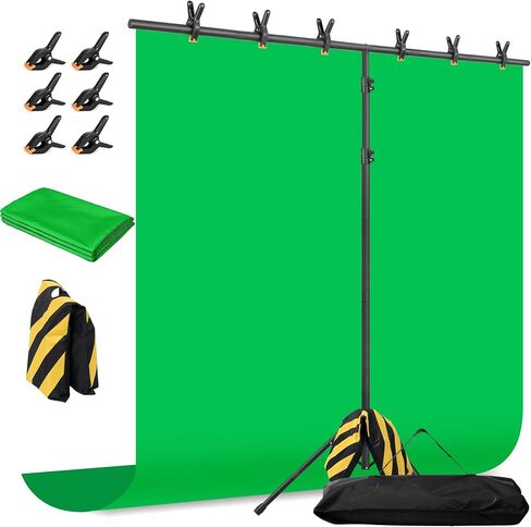 Green Screen Backdrop with Stand, 8x7.2ft Portable Greenscreen Background with Stand, T-Shape Green Screen Stand kit with 6 Spring Clamps, Sandbag, Carry Bag for Zoom, Video in Kuwait