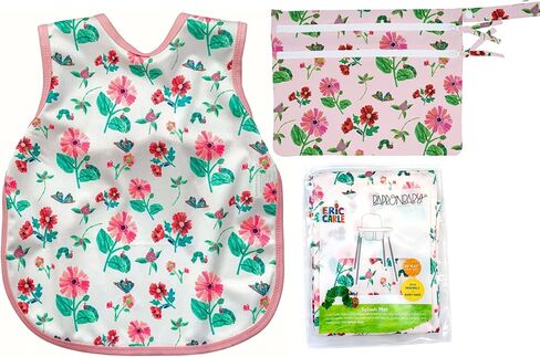 BapronBaby Eric Carle Pink Floral Caterpillar Toddler Essentials Bundle - Waterproof Bapron Baby Bib, Splash Mat & Wet Dry Bag for Mealtime, Play & Travel - Stain Resistant Bib - Machine Washable in Saudi Arabia