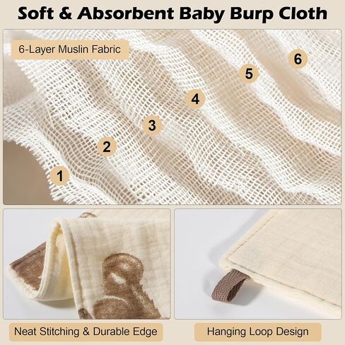 Muslin Burp Cloths 3-Pack, Large 20" x 10", 100% Cotton, Ultra-Absorbent for Newborns, Cute Neutral Prints, Multi-Use as Wash Cloths, Face Cloths & Baby Bibs in Kuwait