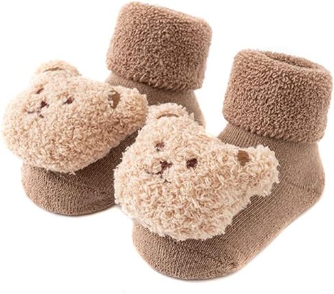 Baby Thickened Plush Floor Anti-Slip Socks - Toddler Warm Cotton Soft Winter Newborn Slippers Bear - Coffee in Kuwait