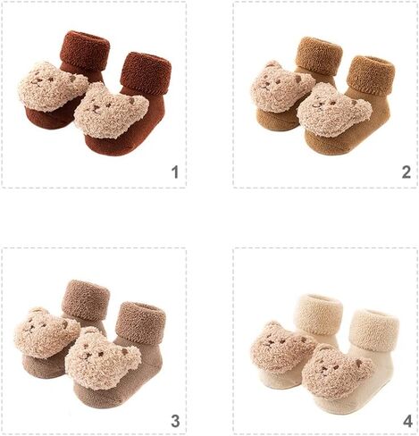 Baby Thickened Plush Floor Anti-Slip Socks - Toddler Warm Cotton Soft Winter Newborn Slippers Bear - Coffee in Kuwait