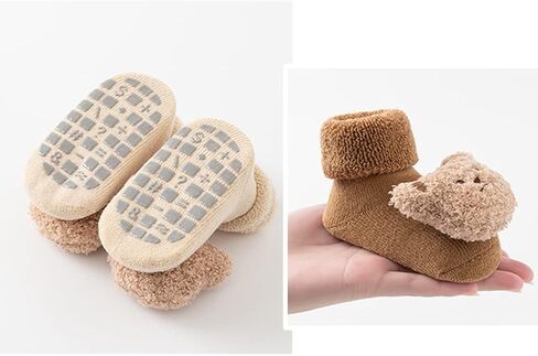 Baby Thickened Plush Floor Anti-Slip Socks - Toddler Warm Cotton Soft Winter Newborn Slippers Bear - Coffee in Kuwait
