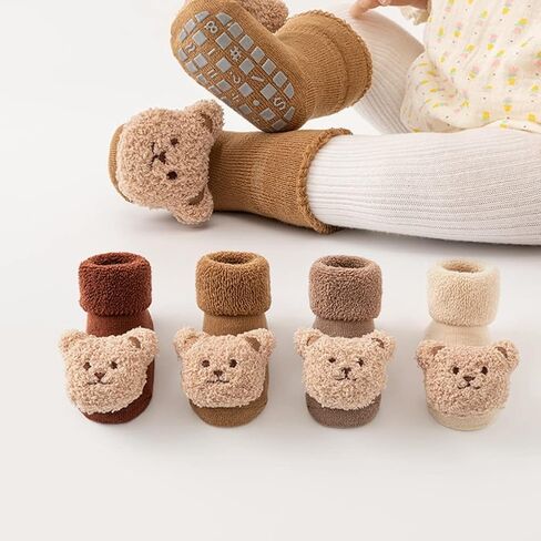 Baby Thickened Plush Floor Anti-Slip Socks - Toddler Warm Cotton Soft Winter Newborn Slippers Bear - Coffee in Kuwait