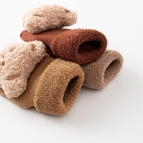 Baby Thickened Plush Floor Anti-Slip Socks - Toddler Warm Cotton Soft Winter Newborn Slippers Bear - Coffee in Kuwait