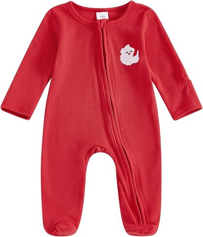 My First Christmas Baby Boy Outfit Newborn Waffle Santa Jumpsuit Footie Romper Infant Zipper Onesie Fall Clothes (B Santa Red, 0-3 Months) in Kuwait