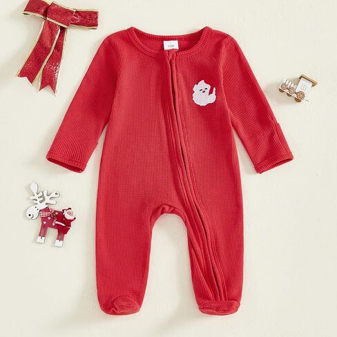 My First Christmas Baby Boy Outfit Newborn Waffle Santa Jumpsuit Footie Romper Infant Zipper Onesie Fall Clothes (B Santa Red, 0-3 Months) in Kuwait