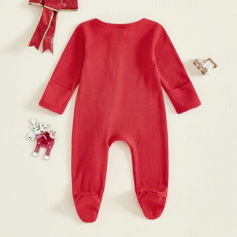 My First Christmas Baby Boy Outfit Newborn Waffle Santa Jumpsuit Footie Romper Infant Zipper Onesie Fall Clothes (B Santa Red, 0-3 Months) in Kuwait