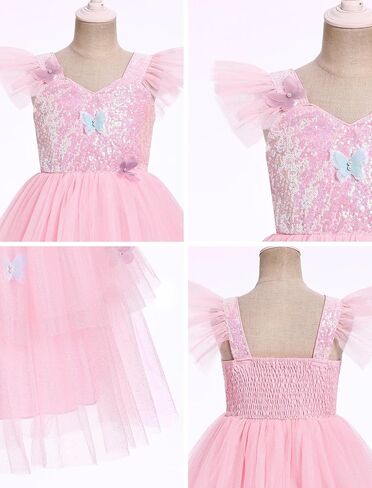 IDOPIP Toddler Baby Girls Shiny Butterfly Tutu Dress Princess Butterfly 1st Birthday Party Dresses Pageant Tulle Sequin Flower Girl Wedding First Communion Baptism Gown for Photoshoot Pink 4-5 Years in Kuwait