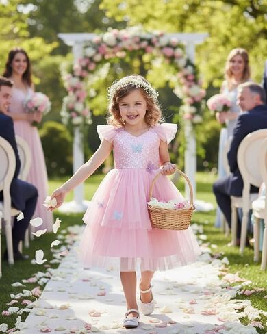 IDOPIP Toddler Baby Girls Shiny Butterfly Tutu Dress Princess Butterfly 1st Birthday Party Dresses Pageant Tulle Sequin Flower Girl Wedding First Communion Baptism Gown for Photoshoot Pink 4-5 Years in Kuwait