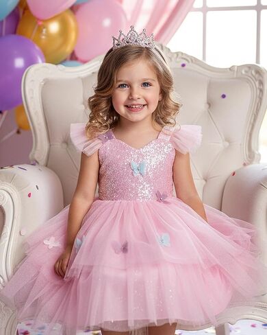 IDOPIP Toddler Baby Girls Shiny Butterfly Tutu Dress Princess Butterfly 1st Birthday Party Dresses Pageant Tulle Sequin Flower Girl Wedding First Communion Baptism Gown for Photoshoot Pink 4-5 Years in Kuwait