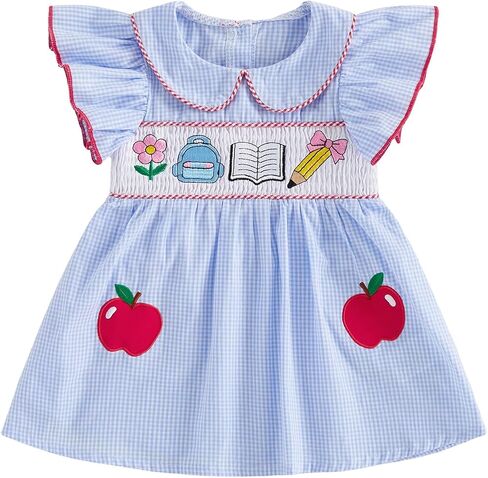 1-5T Girl Back to School Apple Dress First Day of School Outfits | Toddler and Little Girls School Season Clothes Blue Gingham Doll Collar Apple Dress Fly Sleeve Midi Dress in Kuwait