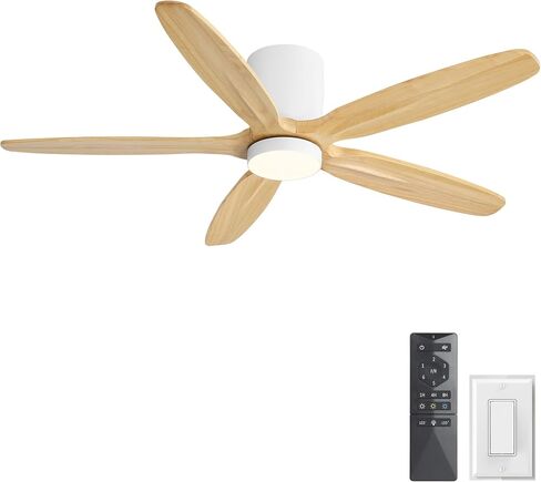 WINGBO 54" Flush Mount Ceiling Fan with Light - 5 Carved Solid Wood Blades, 6-Speed Reversible DC Motor, Dimmable, 3CCT, Low Profile Ceiling Fans with Lights for Bedroom Living Room, Gold and Walnut in Kuwait
