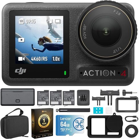 DJI Osmo Action 6 Adventure Combo, 4K120fps, 1/1.1" Sensor, f/2-f/4, 4h Battery Bundle with Deco Gear Action Kit + Sandisk 128GB Memory Card + CPS 1 Year Enhanced Protection Pack in Kuwait