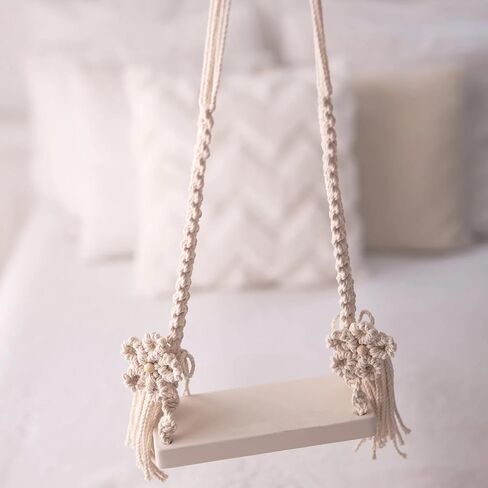 DICHA Handmade Macrame Newborn Photography Props with 2 Backdrop Clips-Baby Swing Photo Shoot Accessory–Wooden Newborn Photoshoot Props-NOT Toy-Cream Rope with White Wood 0-1 M in Kuwait