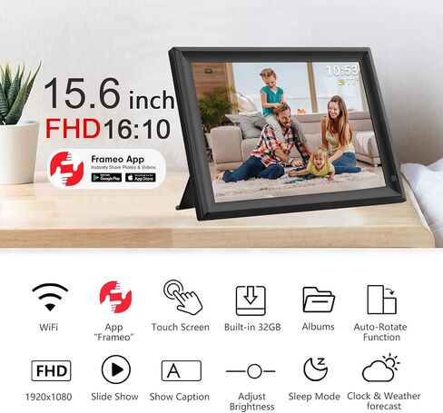 15.6inch FRAMEO Digital Photo Frame with 1920x1080 FHD IPS LCD Touch Screen, Dual-WiFi Share Photos & Videos Via Frameo App, Support USB Drive/SD Card Extend Storage, Auto-Rotate in Kuwait