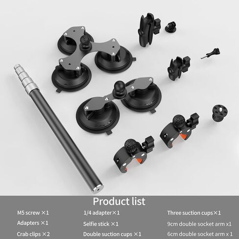 Five Suction Car Mount Kit for Insta360 with Locking Invisible Selfie Stick | Adjustable 360° Rotation | Non-Slip | for Insta360 X5 X4 X3, GoPro, DJI OSMO 360 Action Camera | for Hood Windshield Roof in Kuwait