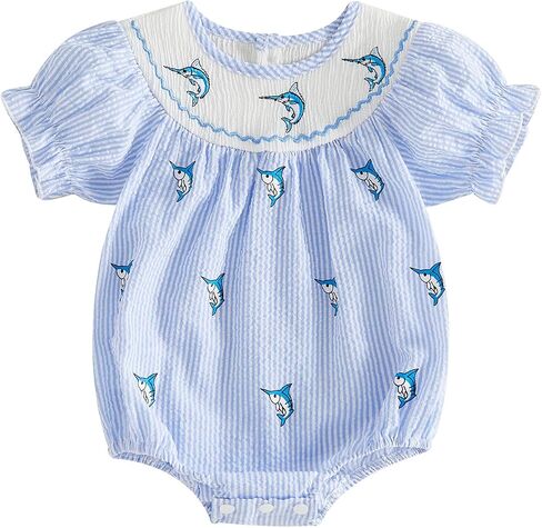 Newborn Infant Baby Girl Summer Outfit Swordfish Embroidery Striped Smocked Bubble Romper Short Sleeve Bodysuit in Kuwait