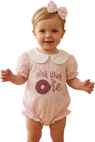 Honganda Baby Girls Half Birthday Outfit Half Way to One 1/2 Birthday Clothes Summer Bubble Romper with Headband Set in Kuwait