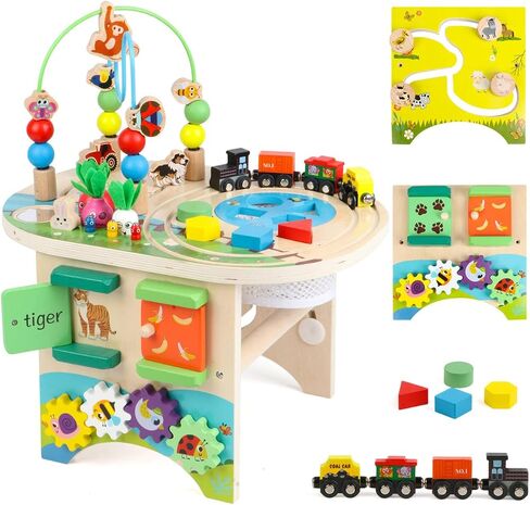 Activity Table for 1 Year Old Montessori Educational Learning Toys for 1 2 Year Old Girls Boys Toddlers Baby 12-18 Months 1st First Birthday Gifts 10 in 1 Wooden Bead Maze Sensory Center Toys in Kuwait