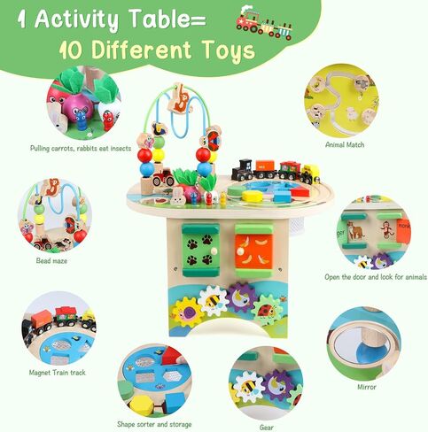 Activity Table for 1 Year Old Montessori Educational Learning Toys for 1 2 Year Old Girls Boys Toddlers Baby 12-18 Months 1st First Birthday Gifts 10 in 1 Wooden Bead Maze Sensory Center Toys in Kuwait