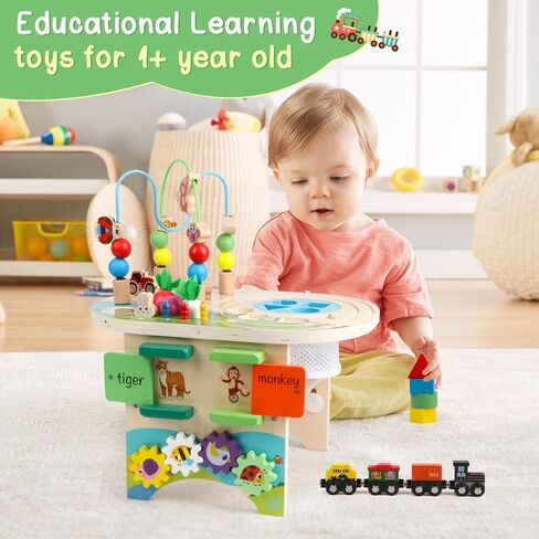 Activity Table for 1 Year Old Montessori Educational Learning Toys for 1 2 Year Old Girls Boys Toddlers Baby 12-18 Months 1st First Birthday Gifts 10 in 1 Wooden Bead Maze Sensory Center Toys in Kuwait
