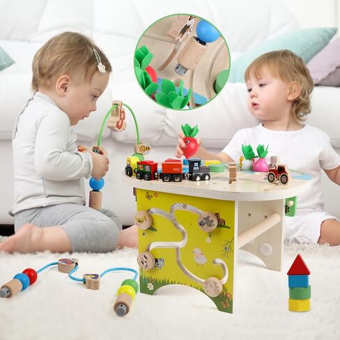 Activity Table for 1 Year Old Montessori Educational Learning Toys for 1 2 Year Old Girls Boys Toddlers Baby 12-18 Months 1st First Birthday Gifts 10 in 1 Wooden Bead Maze Sensory Center Toys in Kuwait