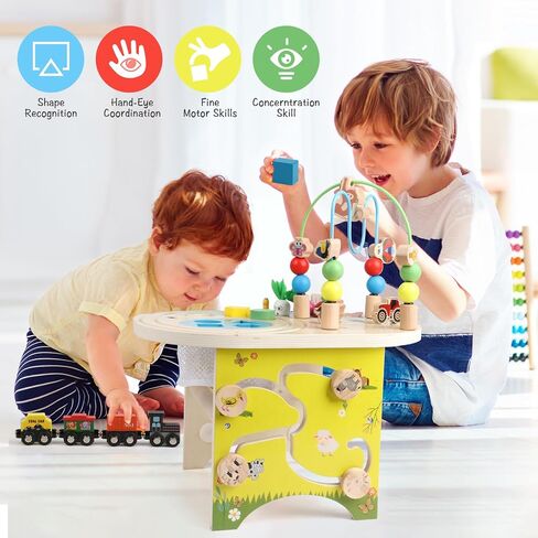 Activity Table for 1 Year Old Montessori Educational Learning Toys for 1 2 Year Old Girls Boys Toddlers Baby 12-18 Months 1st First Birthday Gifts 10 in 1 Wooden Bead Maze Sensory Center Toys in Kuwait