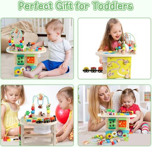 Activity Table for 1 Year Old Montessori Educational Learning Toys for 1 2 Year Old Girls Boys Toddlers Baby 12-18 Months 1st First Birthday Gifts 10 in 1 Wooden Bead Maze Sensory Center Toys in Kuwait