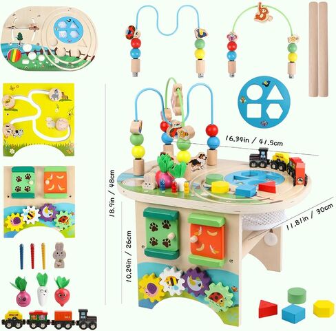 Activity Table for 1 Year Old Montessori Educational Learning Toys for 1 2 Year Old Girls Boys Toddlers Baby 12-18 Months 1st First Birthday Gifts 10 in 1 Wooden Bead Maze Sensory Center Toys in Kuwait