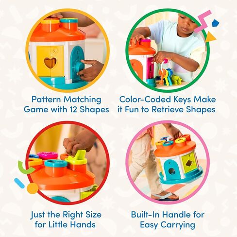 Battat Color Sorting Toy with Keys and Storage, Toddler, 14-Piece Set | Take-along shape sorting house with 12 different shapes, color-coded keys, carry handle, and storage inside, 2+ Years in Kuwait
