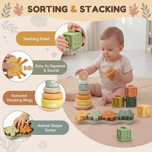 Baby Toys for 12-18 Months, Montessori Toys for 1 Year Old | Shape Sorter, Stacking Rings, Sensory Baby Blocks, Educational Montessori Toys for 12+ Months, Neutral Baby Birthday Gift Set in Saudi Arabia