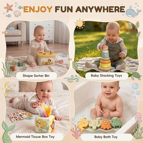 Baby Toys for 12-18 Months, Montessori Toys for 1 Year Old | Shape Sorter, Stacking Rings, Sensory Baby Blocks, Educational Montessori Toys for 12+ Months, Neutral Baby Birthday Gift Set in Saudi Arabia
