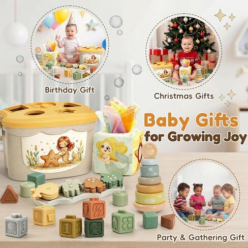 Baby Toys for 12-18 Months, Montessori Toys for 1 Year Old | Shape Sorter, Stacking Rings, Sensory Baby Blocks, Educational Montessori Toys for 12+ Months, Neutral Baby Birthday Gift Set in Saudi Arabia