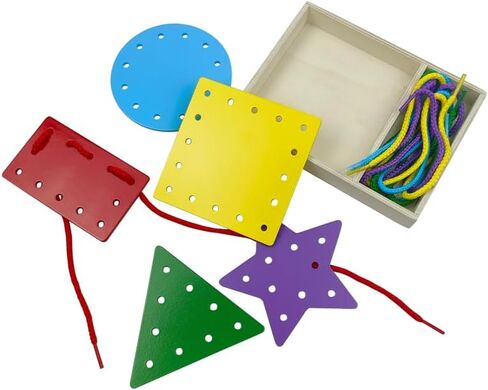 5 Pcs Double-Sided Shape Panels Wooden Threading Toy Lacing Cards for Toddlers, Lacing Shapes, Educational and Learning Montessori Activity for Kids (Triangle) in Kuwait