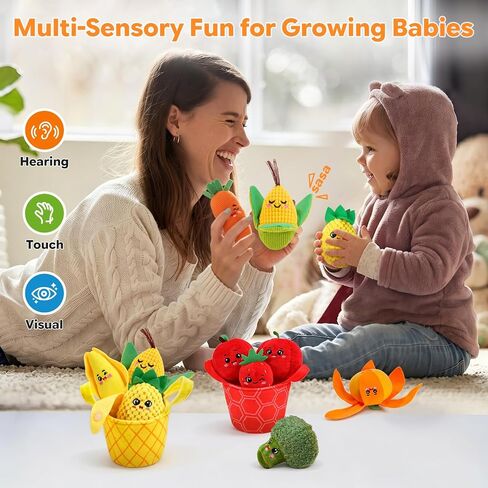 Baby Toys 6-12 Months, Sensory Fruit & Vegetable Toy Set with Rattle, Crinkle & Color Sorting Baskets, 16 PCS Montessori Fine Motor Toy for 6-18 Months, Baby Gifts for Boy Girl 6 9 Months Old in Kuwait