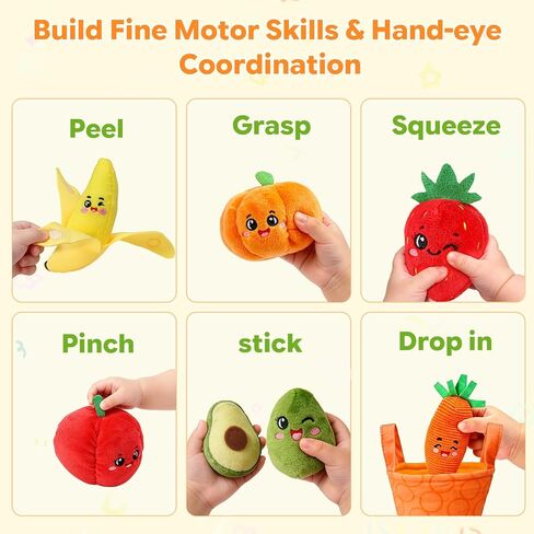Baby Toys 6-12 Months, Sensory Fruit & Vegetable Toy Set with Rattle, Crinkle & Color Sorting Baskets, 16 PCS Montessori Fine Motor Toy for 6-18 Months, Baby Gifts for Boy Girl 6 9 Months Old in Kuwait