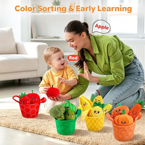 Baby Toys 6-12 Months, Sensory Fruit & Vegetable Toy Set with Rattle, Crinkle & Color Sorting Baskets, 16 PCS Montessori Fine Motor Toy for 6-18 Months, Baby Gifts for Boy Girl 6 9 Months Old in Kuwait